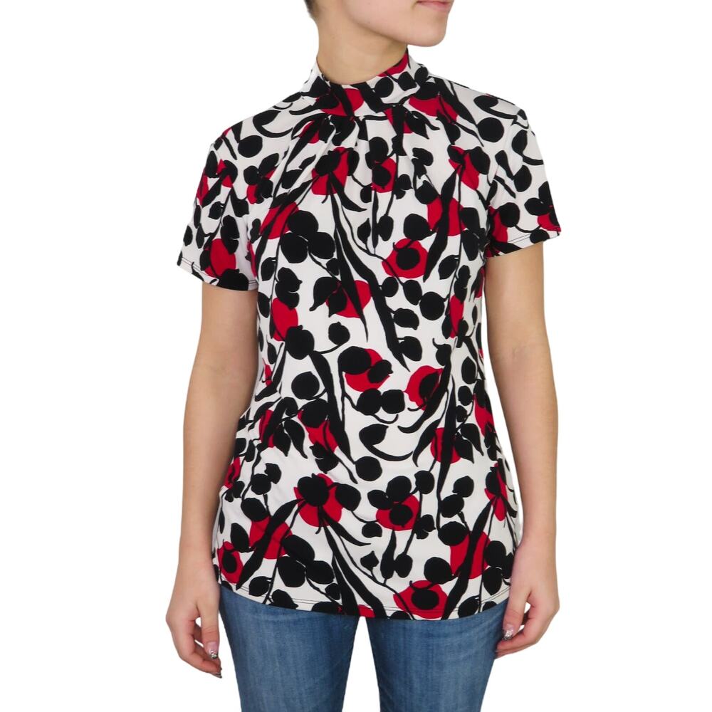 Vintage Style & Co. Red & Black Retro Floral High Neck Short Sleeve Blouse Small